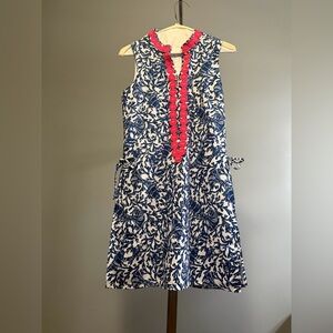 Lilly Pulitzer Blue and White Floral Shift Dress with Pink Trim